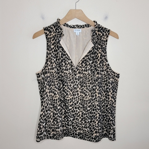 J. Crew Factory | Leopard Sleeveless Tie Neck Blouse Ruffle Collar Size Medium - Picture 1 of 5